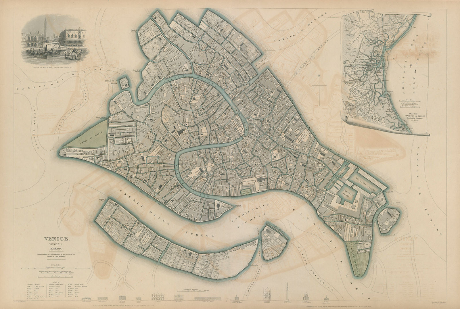 VENICE VENEZIA VENEDIG. Antique town city map plan. Environs. LARGE. SDUK 1844